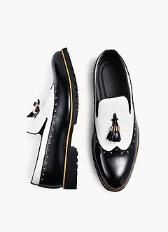 front Men's Mixed Leather Tassel Studded Loafers
