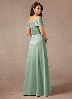 Azazie Amelia Mother of the Bride Dresses Agave A-Line Off the Shoulder Stretch Satin Dress image2