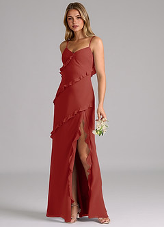 Azazie Nancie Vestidos de damas de honor Vestido de Terracota de Gasa de Corte Sirena con Volante image3