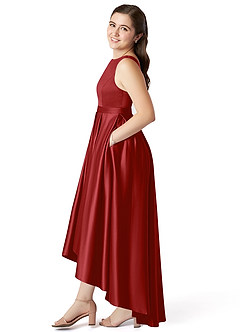 Azazie Inaya Junior Pomegranate A-Line with Belt Stretch Satin Dress image3