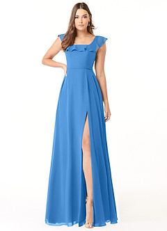 Azazie Jinny Vestidos de damas de honor Vestido de Azul Grisaceo de Gasa de Corte en A con Cuello Cuadrado Acanalado image1