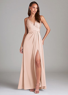Azazie Maren Allure Bridesmaid Dresses Blushing Pink A-Line Lace Stretch Satin Dress image3