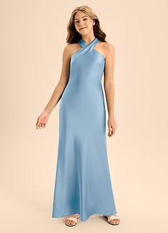 Azazie Doretta Junior Powder Blue A-Line Pleated Stretch Satin Dress image4
