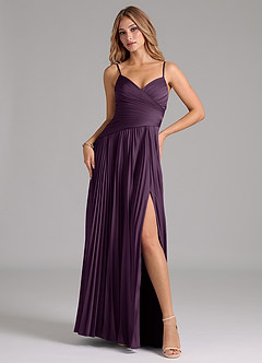 Azazie Vini Bridesmaid Dresses Plum A-Line Pleated Stretch Satin Dress image1