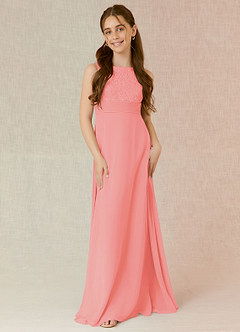 Azazie Snow Junior Coral A-Line Lace Chiffon Dress image4