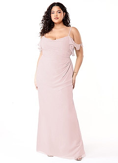 Azazie Emeralda Bridesmaid Dresses Blushing Pink Sheath Off the Shoulder Chiffon Dress image7