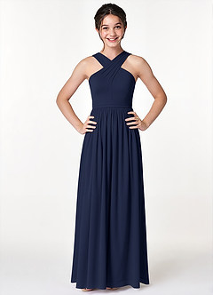 Azazie Jiya Junior Dark Navy A-Line Pleated Mesh Dress image4