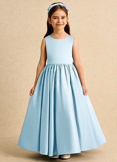 Azazie Nellia vestidos de niña de las flores Vestido de Azul Cielo de Satin Mate de Corte En A con Lazo image2