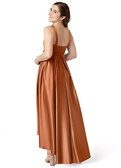 Azazie Inaya Junior Copper A-Line with Belt Stretch Satin Dress image4
