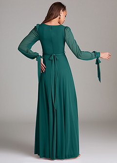 Azazie Leonia Bridesmaid Dresses Peacock A-Line Long Sleeve Mesh Dress image4