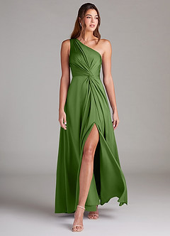 Azazie Brooke Vestidos de damas de honor Vestido de Albahaca de Satén Elástico de Corte en A con Hombro unilateral image4