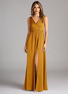 Azazie Tanicia Robes de demoiselle d'honneur Robe Trapèze en Satin extensible Plissée Caramel écossais image3