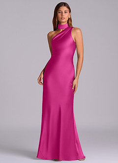 Azazie Seona Robes de demoiselle d'honneur Robe Sirène en Satin extensible Une épaule Fuchsia image1