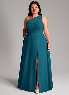 Azazie Phaedra Jurken voor bruidsmeisjes Jurk van Chiffon met A-Lijn One-Shoulder Inkt Blauw image12