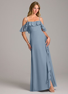 Azazie Aubrie Bridesmaid Dresses Dusty Blue A-Line Off the Shoulder Chiffon Dress image5