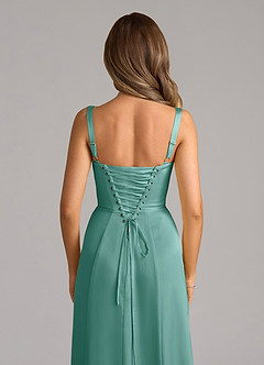 Azazie Amaris Bridesmaid Dresses Aqua A-Line Corset Stretch Satin Dress image6