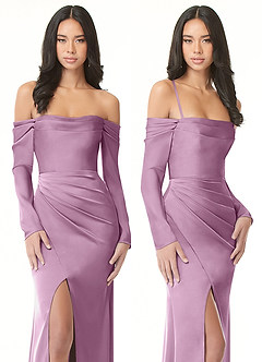 Azazie Hallie Bridesmaid Dresses Wisteria Sheath Off-The-Shoulder Long Sleeve Stretch Satin Convertible Dress image9