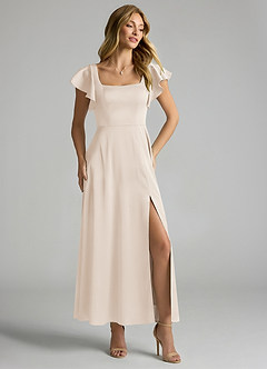 Azazie Bondi Vestidos de damas de honor Vestido de Alabastro Blanco de Satén Elástico de Corte en A con Volante image1