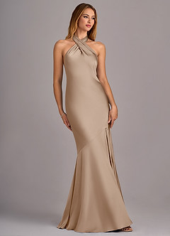 Azazie Lorena Bridesmaid Dresses Taupe Mermaid Pleated Stretch Satin Dress image3
