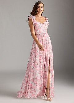 Azazie Nalin Bridesmaid Dresses Abstract Watercolor Floral A-Line Ruched Chiffon Dress image2