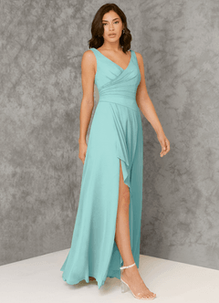 Azazie Kori Bridesmaid Dresses Aqua A-Line Pleated Chiffon Dress image1