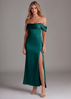 Azazie Saige Bridesmaid Dresses Peacock Mermaid Off the Shoulder Stretch Satin Dress image3