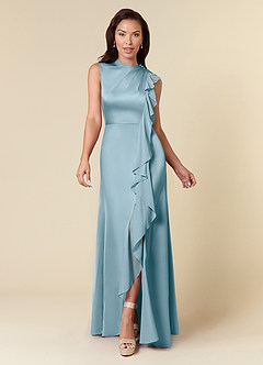 Azazie Narine Mother of the Bride Dresses Moody Blue A-Line High Neckline Pleated Stretch Satin Dress image3