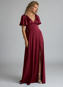 Azazie Kimber Bridesmaid Dresses Burgundy A-Line Ruched Stretch Satin Dress image10