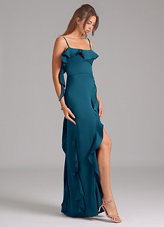 Azazie Malia Bridesmaid Dresses Ink Blue A-Line Side Slit Stretch Satin Dress image5