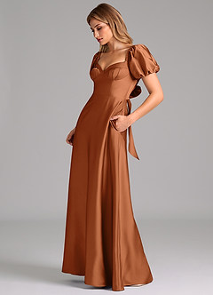 Azazie Fatima Bridesmaid Dresses Copper A-Line Pleated Stretch Satin Dress image5