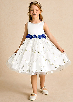 Azazie Starri Flower Girl Dresses Ivory Royal Blue Ball-Gown Beaded Matte Satin Dress image4
