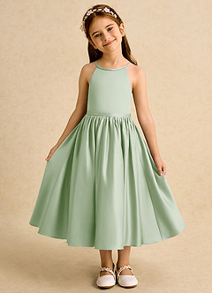 Azazie Indi Flower Girl Dresses Dusty Sage A-Line Bow Matte Satin Dress image5