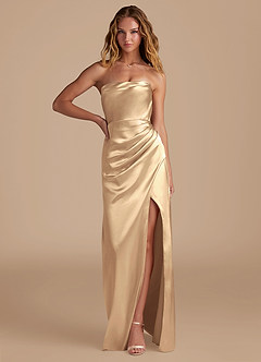 Azazie Leonis Vestidos de damas de honor Vestido de Oro de Satén Metálico de Corte Sirena Convertible con Plisado image1