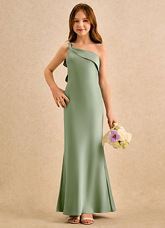 Azazie Almond Girls Formal Sukienki dla dziewczynek sypiących kwiaty Osłona Jedno ramię Satyna elastyczna Długość podłogi Sukienka image4