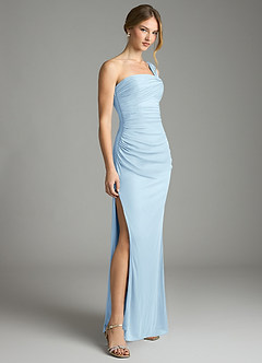 Azazie Tati Bridesmaid Dresses Sky Blue Sheath Off the Shoulder Mesh Dress image3