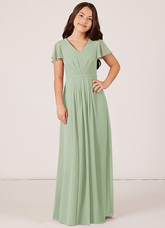 Azazie Peony Junior Dusty Sage A-Line Pleated Chiffon Dress image1