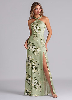 Azazie Rue Vestidos de damas de honor Vestido de Enredaderas Florales de Satén Elástico de Corte Sirena con Plisado image3