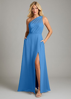 Azazie Phaedra Bridesmaid Dresses Blue Jay A-Line One Shoulder Chiffon Dress image3