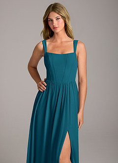 Azazie Rosaline Bridesmaid Dresses Ink Blue A-Line Side Slit Chiffon Dress image2