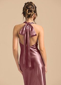 Azazie Velli Bridesmaid Dresses Vintage Mauve Sheath High Neck Metallic Satin Dress image6