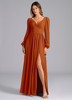 Azazie Zeya Robes de demoiselle d'honneur Robe Trapèze en Mousseline de soie Manche longue Paprika image4