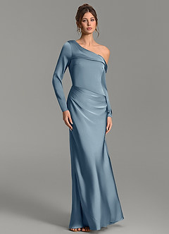 Azazie Sandra Vestidos de damas de honor Vestido Azul Polvoriento de Satén Elástico de Corte Sirena con Manga larga image5