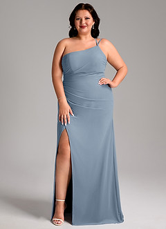 Azazie Eren Vestidos de damas de honor Vestido de Azul Polvoriento de Gasa de Corte Recto con Hombro unilateral image1