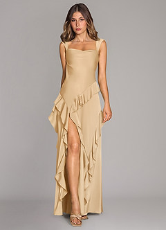 Azazie Sloane Bridesmaid Dresses Gold A-Line Sweetheart Neckline Stretch Satin Dress image1