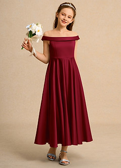 Azazie Teeny Girl Abiti da Ragazza di Fiori Abito A-Line in Raso Opaco Plissettato Borgogna image5