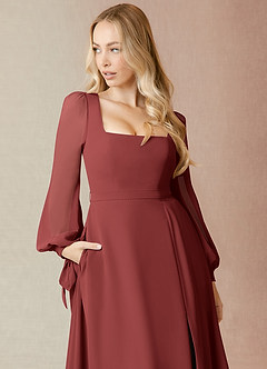Azazie Leonia Abiti da Damigella Abito A-Line in Chiffon Maniche Lunghe Terracotta image10