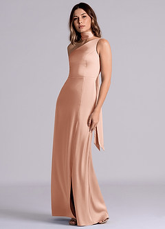 Azazie Philana Bridesmaid Dresses Rose Gold A-Line One Shoulder Stretch Satin Dress image6
