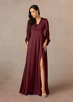 Azazie Luna Mother of the Bride Dresses Cabernet A-Line Pleated Stretch Satin Dress image1