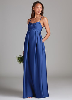 Azazie Llana Maternity Bridesmaid Dresses A-Line Stretch Satin Floor-Length Dress with Pockets image1