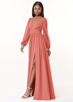 Azazie Norah Bridesmaid Dresses Salmon Pink A-Line V-Neck Long Sleeve Chiffon Dress image4